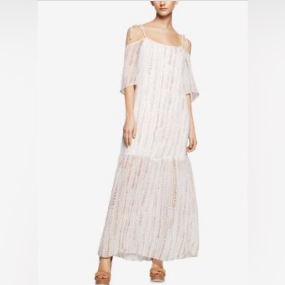 BCBGeneration Cold-shoulder white prairie tan Tiered Maxi sun Dress size XS new - Picture 2 of 12
